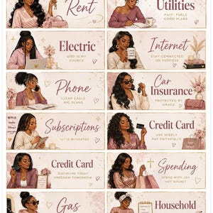 Könnte beinhalten: Ein digitales Planerblatt mit dem Titel Faith, Focus & Finances, das zwölf illustrierte Felder mit schwarzen Frauen bei der Finanzverwaltung zeigt. Jedes Feld enthält Textbeschriftungen wie Rent, Utilities, Electric, Internet, Phone, Car Insurance, Subscriptions, Credit Card, Spending, Gas und Household mit motivierenden Sprüchen.