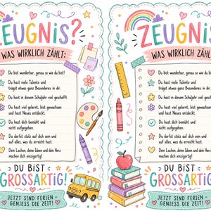 May include: A decorative print featuring the German text ZEUGNIS? WAS WIRKLICH Z&Auml;HLT: DU BIST GROSSARTIG! surrounded by colorful illustrations of a rainbow, ruler, crayon, apple, stack of books, paint palette, and a yellow school bus on a white background.