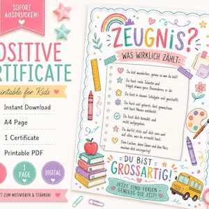 Zeugnis Geschenk Kind PDF, Persönliches Mutmach Zeugnis zum Ausdrucken, Schuljahresende Geschenk, DIN A5 Karte