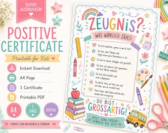 Zeugnis Geschenk Kind PDF, Persönliches Mutmach Zeugnis zum Ausdrucken, Schuljahresende Geschenk, DIN A5 Karte