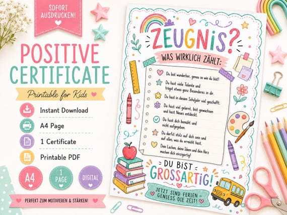 Zeugnis Geschenk Kind PDF, Persönliches Mutmach Zeugnis zum Ausdrucken, Schuljahresende Geschenk, DIN A5 Karte