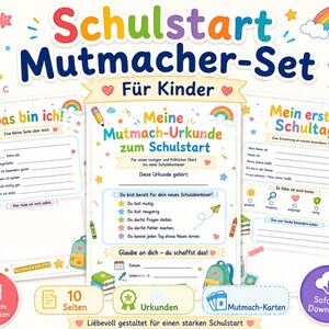 Puede incluir: Un conjunto de hojas de actividades imprimibles para el inicio escolar con el texto en alemán Schulstart Mutmacher-Set, Meine Mutmach-Urkunde zum Schulstart, Das bin ich y Mein erster Schultag. Las páginas incluyen ilustraciones coloridas de lápices, arcoíris, estrellas y mochilas.