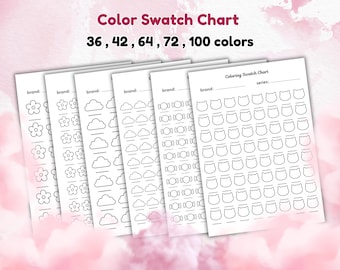 Puede incluir: Tabla de muestras de color con 36, 42, 64, 72 y 100 colores. La tabla presenta contornos de flores, nubes, caramelos y caras de gato para pruebas de color. Cada hoja tiene espacio para la marca y la serie.