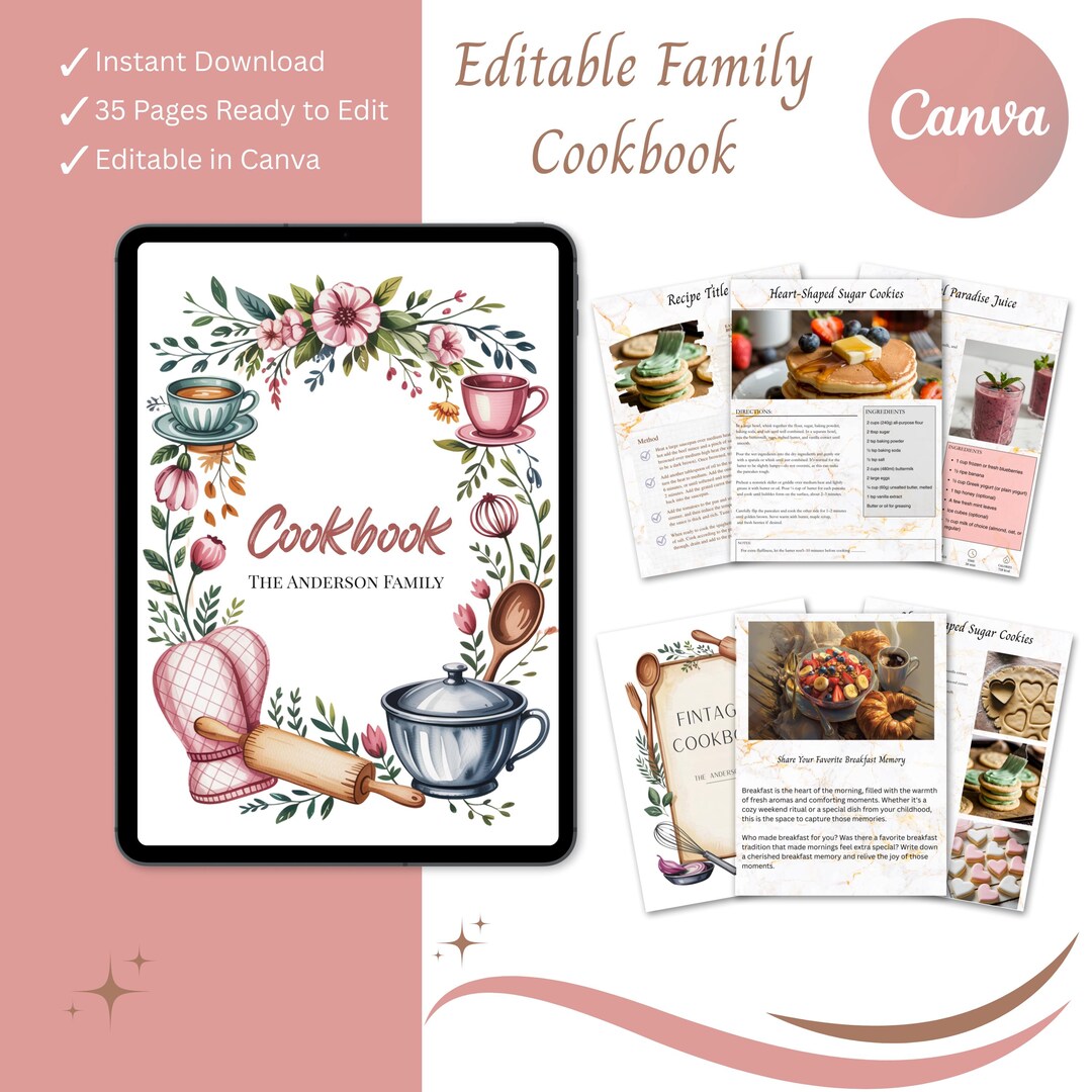 Custom Family Cookbook Template - Canva Ebook or Print, Illustrated Cover Design - Etsy UK