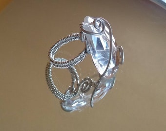 Wire wrapped Glass Crystal prism statement ring Made To Order clear silver upcycled swirl wrapping recycled repurposed reclaimed