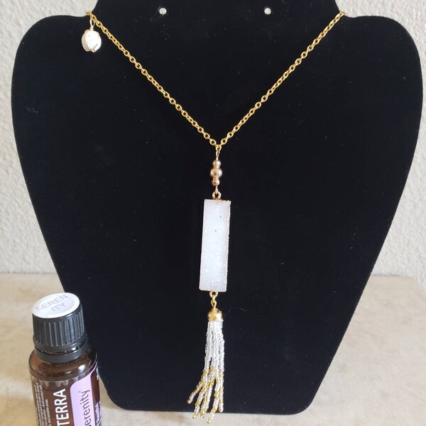 HANDMADE raw Agate Druzy pendant with wire wrapped white lava bead Doterra essential oils Serenity vial Gold plated Y necklace beaded tassel