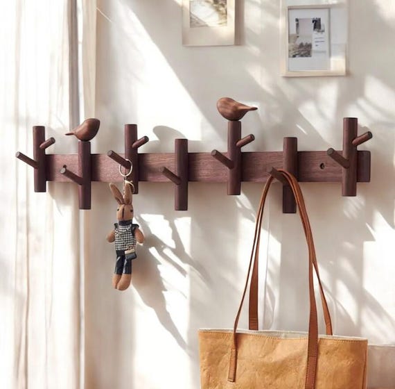Walnut Wall Mounted Coat Rack: Bird Design, Brass Hanger
