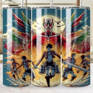 May include: A stainless steel tumbler with a colorful illustration of a winged titan from the anime Attack on Titan. The titan is red, white, and black with a menacing expression. The background is a blue sky with clouds. The tumbler is a popular gift for fans of the anime.