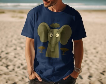 May include: Navy blue t-shirt featuring a cartoon elephant with the text "I'M FINE" above and "EVERYTHING IS FINE" below. The elephant is olive green with large ears and a trunk. Two stylized trees flank the elephant.