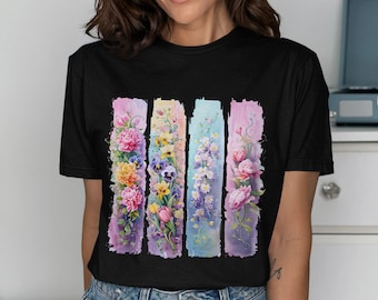 Watercolor Floral T-Shirt: Pastel Flower Panels, Botanical Art
