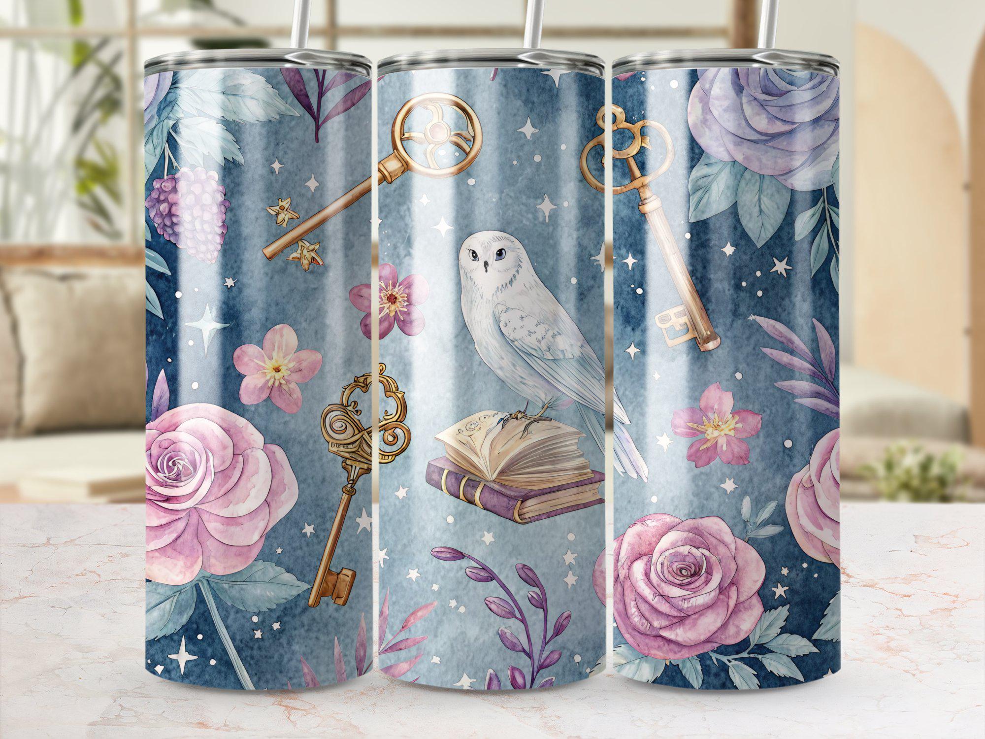 20 oz Digital Magical Tumbler Wrap Owl and Floral Design Keys Flowers Sublimation Wrap for Tumblers 
