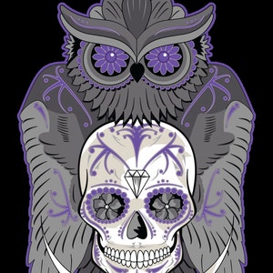 Buho y calavera de azúcar 4" etiqueta engomada del vinilo