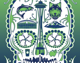 Historical Seattle Sugar Skull 11x14 Print