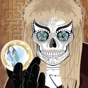 May include: A digital illustration of a character from the movie Labyrinth. The character has a white skull with a sugar skull design, with blue and white eyes. The character is holding a crystal ball with a woman inside. The background is a brown maze pattern with the word "Labyrinth" at the top.