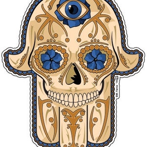 Hamsa azúcar cráneo 4" etiqueta engomada del vinilo