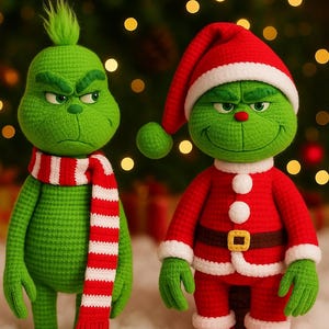 Patrón de ganchillo para muñeco del Grinch, juguete navideño amigurumi, decoración navideña hecha a mano