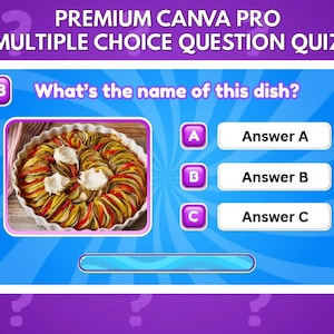 May include: A digital quiz interface featuring the text PREMIUM CANVA PRO MULTIPLE CHOICE QUESTION QUIZ and the question What's the name of this dish? with a photograph of a vegetable ratatouille in a fluted dish and three answer buttons.