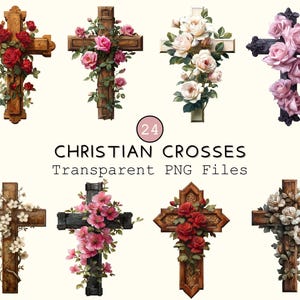 Christliche Kreuze Clipart-Sammlung, Transparente Religiöse PNGs, Digitale katholische Blumenölfarbe Scrapbooking, Vintage betende Aufkleber