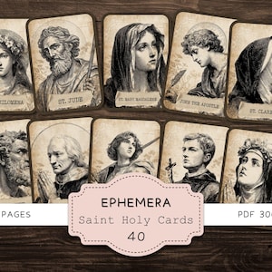 Saint Holy Cards Junk Journal kortstondige, sepia katholieke schriftkladjes, gebedsbord plakboekkit, Saint & Marian digitale pdf-afdrukbare items