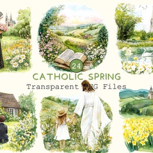 Frühling katholische Clipart-Sammlung, schöne transparente religiöse PNGs, digitales christliches Aquarell Scrapbooking, betende Aufkleber