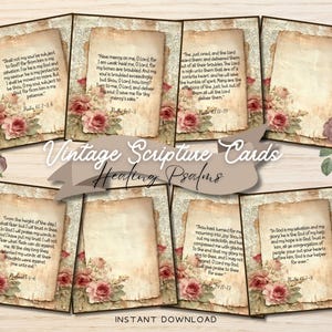 Cartões de oração com salmos de cura vintage, imprimíveis digitais de oração cristã em rosa sépia, PDFs espirituais católicos tradicionais marrons em pergaminho envelhecido