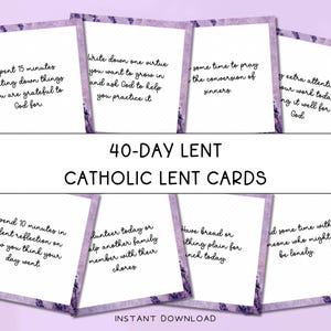 Peut inclure: Ensemble de cartes de Carême catholique de 40 jours avec des invites à la réflexion. Chaque carte présente un fond blanc avec du texte noir et une bordure florale violette. Téléchargement instantané.