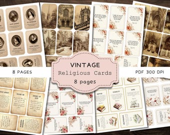 Surtido de estampas religiosas vintage, efímeros religiosos para diario, kit de álbum de recortes para tablillas de oración católicas, imprimibles digitales en PDF con versículos bíblicos.