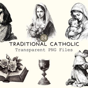 Traditionelle katholische Clipart-Sammlung, transparente religiöse PNGs, digitale christliche Schwarzweiß-Scrapbooking, Vintage betende Aufkleber