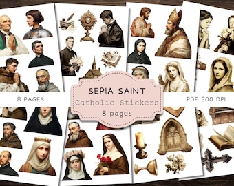 Pegatinas católicas en sepia y de santos, efímeros religiosos para diarios creativos, kit de álbum de recortes con tablero de oración cristiana, imprimibles digitales vintage en PDF.