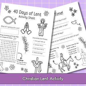 May include: Black and white Christian Lent activity sheet with illustrations of religious symbols, including a cross, hands in prayer, and a figure holding a chalice. The text includes questions and word puzzles related to Lent.