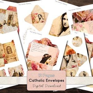 May include: A collection of 12 pages of Catholic Envelopes, a digital download. The envelopes feature vintage-style illustrations of religious figures, floral patterns, and architectural elements. The color palette includes soft pinks, creams, and browns.