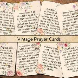 May include: Vintage prayer cards with floral accents. Each card features religious text in a classic font. The cards have a distressed, aged appearance, with a warm, neutral background.