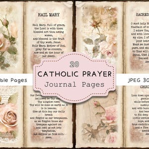 Peut inclure: Ensemble de 20 pages de journal de prières catholiques avec des illustrations florales. Les pages présentent des roses roses et des prières manuscrites. Le texte comprend "Hail Mary" et "Sacred Heart".