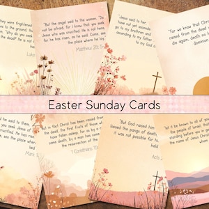 May include: Set of Easter Sunday cards with inspirational Bible verses and floral illustrations. Each card features a different scripture, with a soft, pastel color palette and decorative elements like a dove, lamb, and cross.