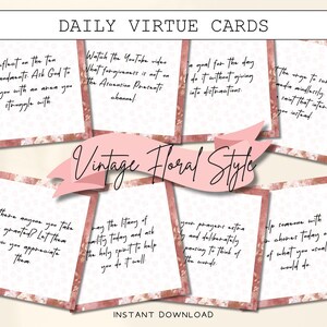 Peut inclure: Cartes de vertus quotidiennes avec un design floral vintage. Chaque carte présente un texte inspirant avec une bordure florale rose. Les cartes sont conçues pour un téléchargement instantané.