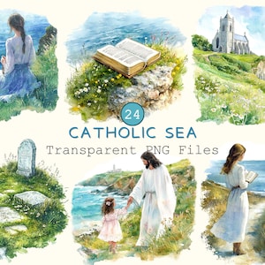 Katholieke zee clipartcollectie, prachtige transparante religieuze png's, digitale christelijke aquarel scrapbooking, stickers zomer bidden