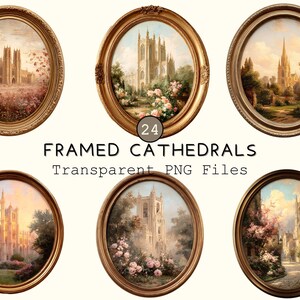 Collezione di clipart di cattedrali vintage con cornice, PNG cristiani trasparenti, scrapbooking con pittura a olio di chiese britanniche, adesivi religiosi per chiese