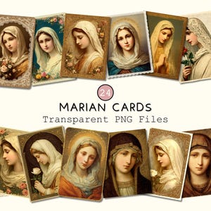 Colección de imágenes prediseñadas de estampas marianas antiguas, PNGs religiosos transparentes, scrapbooking digital antiguo, pegatinas de oración con fe católica