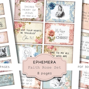 Vintage Faith Rose Ephemera, Traditional Catholic Scripture Scraps, Shabby Chic Religious Card Set, Prayer Board Starter Kit