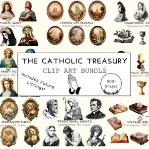 Gesamter Shop Katholisches Clipart-Bundle, transparente christliche PNGs, digitale Aufkleber von Heiligen und Marians, Vintage Gebets- und Hingabeaufkleber