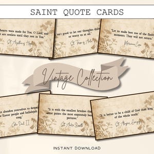 Puede incluir: Colección de tarjetas de citas de santos de estilo vintage. Cada tarjeta presenta una cita, detalles florales y el nombre del santo. Las tarjetas están dispuestas sobre un fondo beige con una pancarta que dice "Vintage Collection". Las palabras "Instant Download" están en la parte inferior.