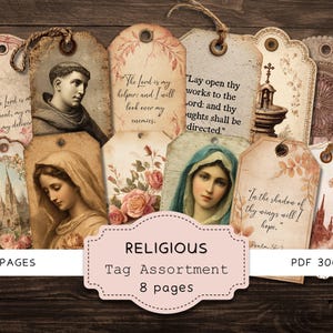Religieuze tags Junk Journal Efemere, traditionele katholieke schriften, plakboek kit gebedsbord, Saint & Marian Digital Printables