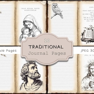 Traditioneel katholiek bekleed ongewenste dagboekpagina's, vintage schriftresten, esthetische religieuze digitale plakboekkit, christelijke printables
