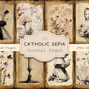 Katholieke sepia getinte ongewenste dagboekpagina's, vintage schriftkladjes, esthetische religieuze digitale plakboekkit, printables christelijk geloof