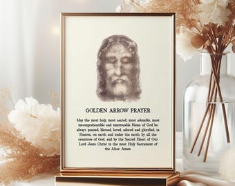 Golden Arrow Prayer Wall Print, Holy Face Devotion Printable, Catholic Jesus Shroud of Turin JPEG Files, Digital Religious Vintage Wall Art