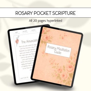 Könnte beinhalten: Zwei digitale Tablets zeigen Seiten aus einer Rosenkranz-Taschenschrift. Ein Tablet zeigt den Text "Die Verkündigung" und das andere "Rosenkranz-Meditationsführer" mit floralen Akzenten. Der Text "Alle 20 Seiten sind hyperverlinkt" steht oben.