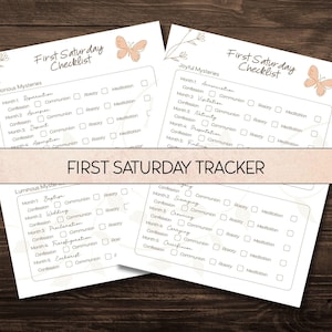 May include: Four checklists titled "First Saturday Checklist" with butterfly illustrations. The checklists are for tracking religious practices, including confession, communion, and meditation. The text "First Saturday Tracker" is displayed across the image.