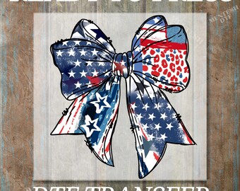 4th of July Ready To Press, American Flag Coquette Bow DTF Transfer, Patriotic Girly Heat Press, USA Retro Aesthetic Graphic For Print