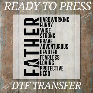 May include: A black and white design of the word "Father" with a silhouette of a person flying an airplane. The word "Father" is spelled vertically and each letter is surrounded by words describing a father, such as "hardworking", "funny", "wise", "strong", "brave", "adventurous", "devoted", "fearless", "loving", "protective", and "hero". The design is on a white background with a wood grain texture.