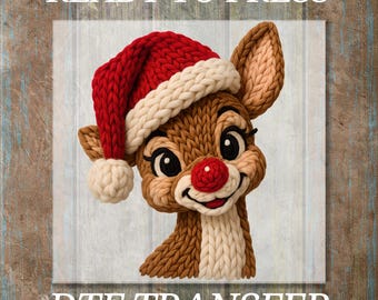 Faux Latch Hook Crochet Christmas Deer DTF Transfer, Ready to Press Santa Claus Design